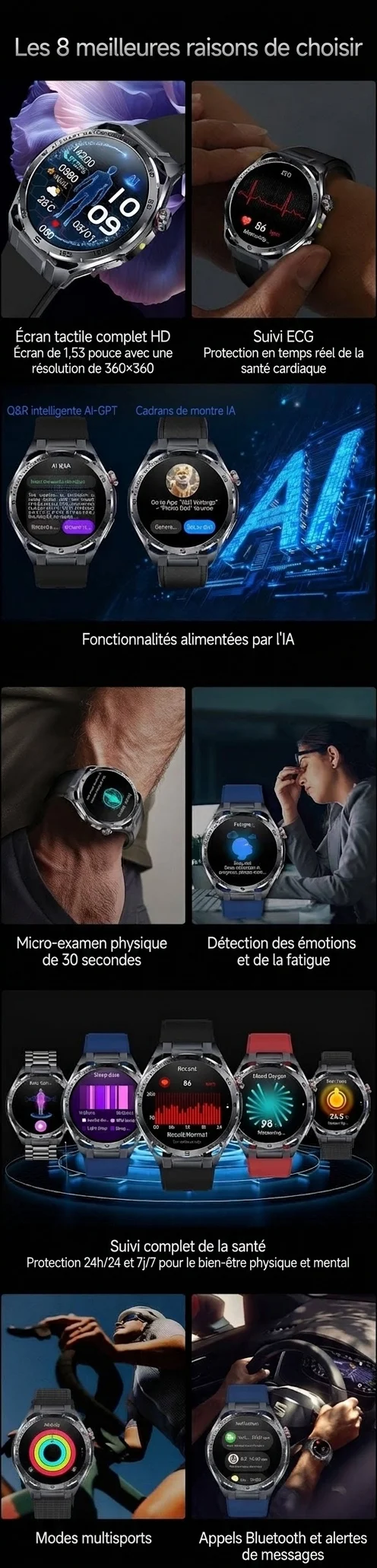 Montre connectée sportive avec ECG IA, boîtier rond en métal et appels Bluetooth