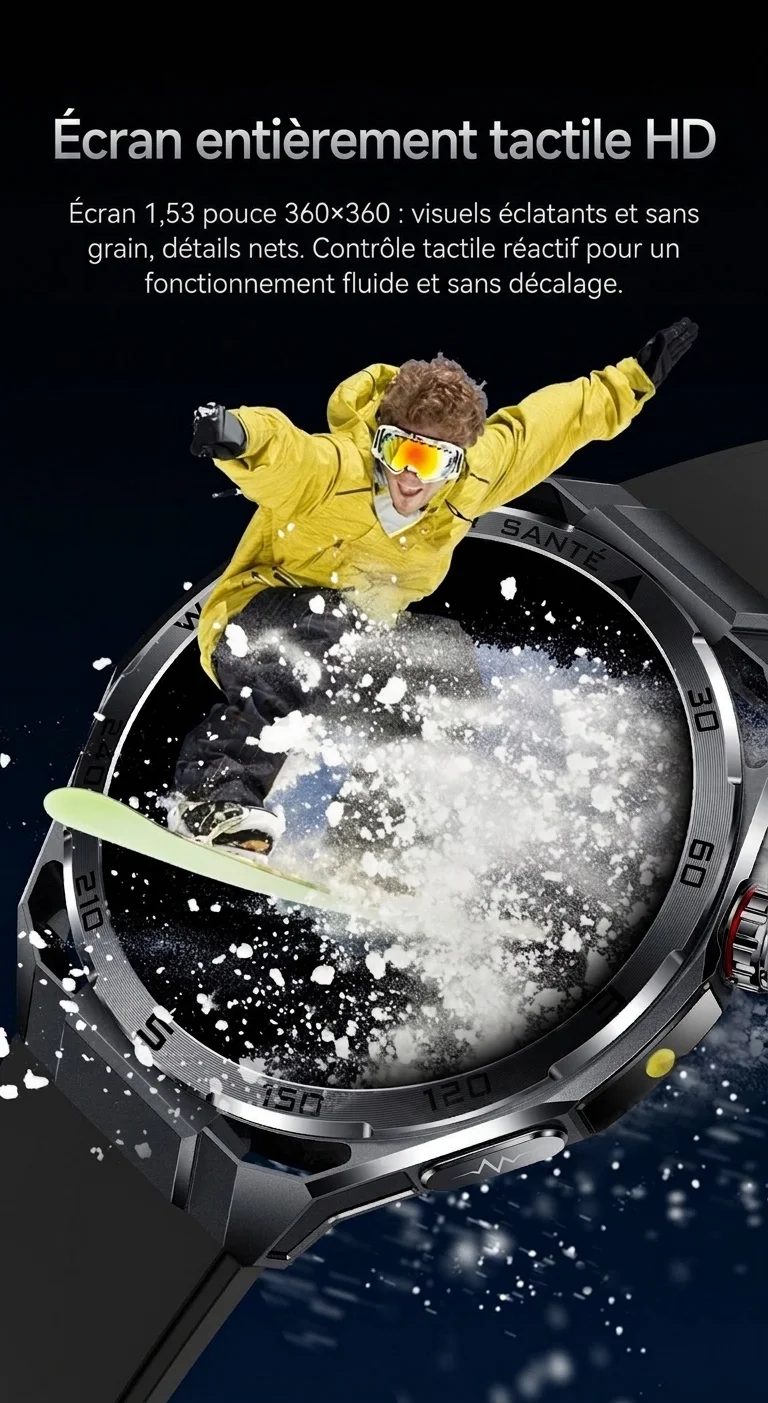 Montre connectée sportive avec ECG IA, boîtier rond en métal et appels Bluetooth