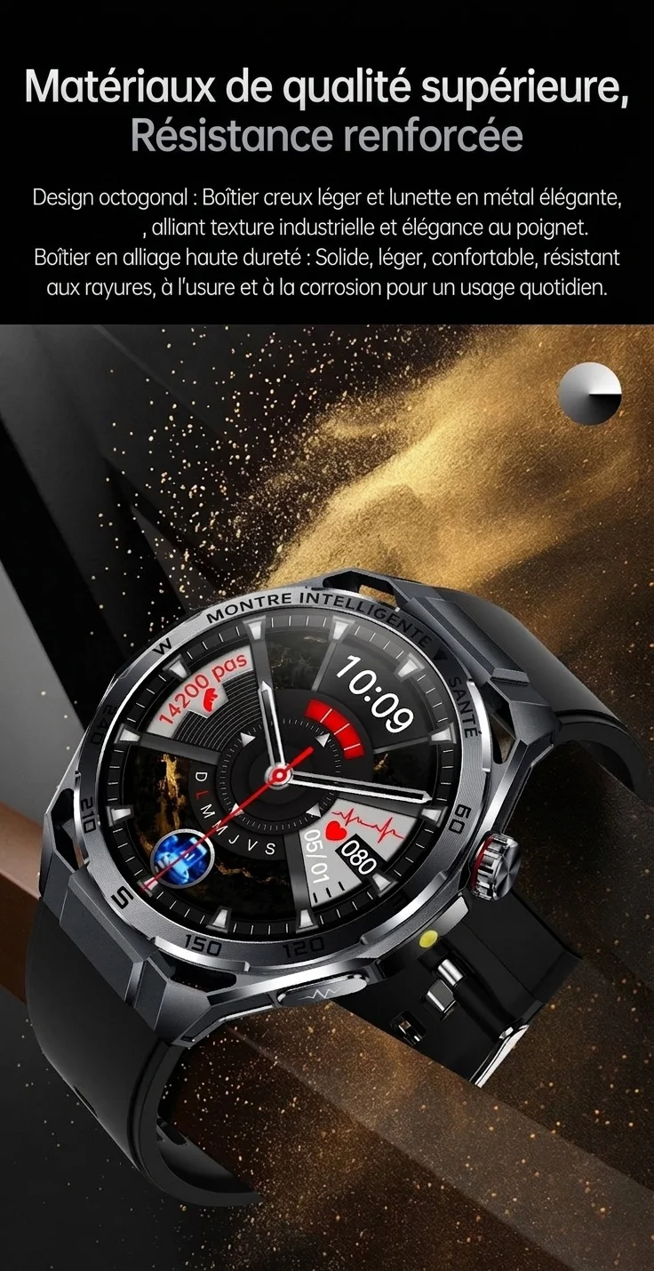 Montre connectée sportive avec ECG IA, boîtier rond en métal et appels Bluetooth