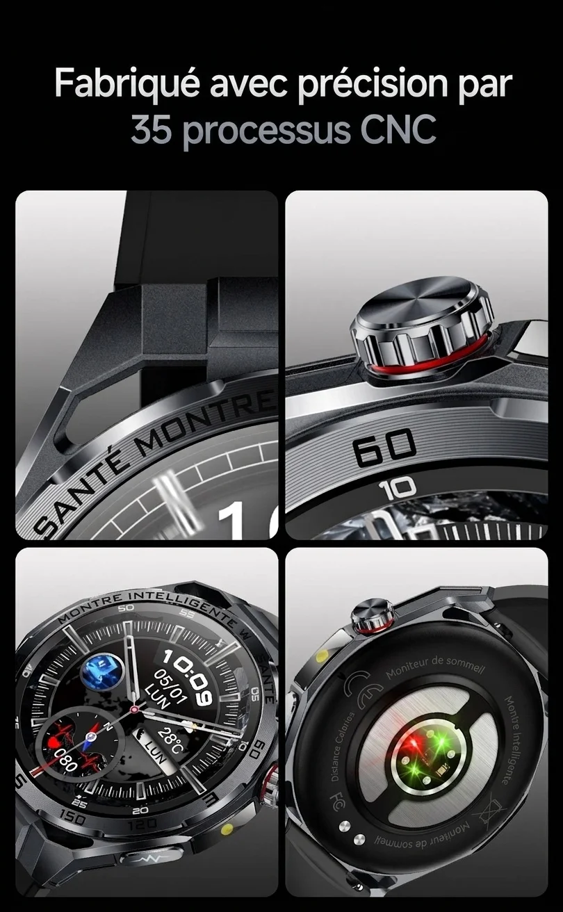Montre connectée sportive avec ECG IA, boîtier rond en métal et appels Bluetooth