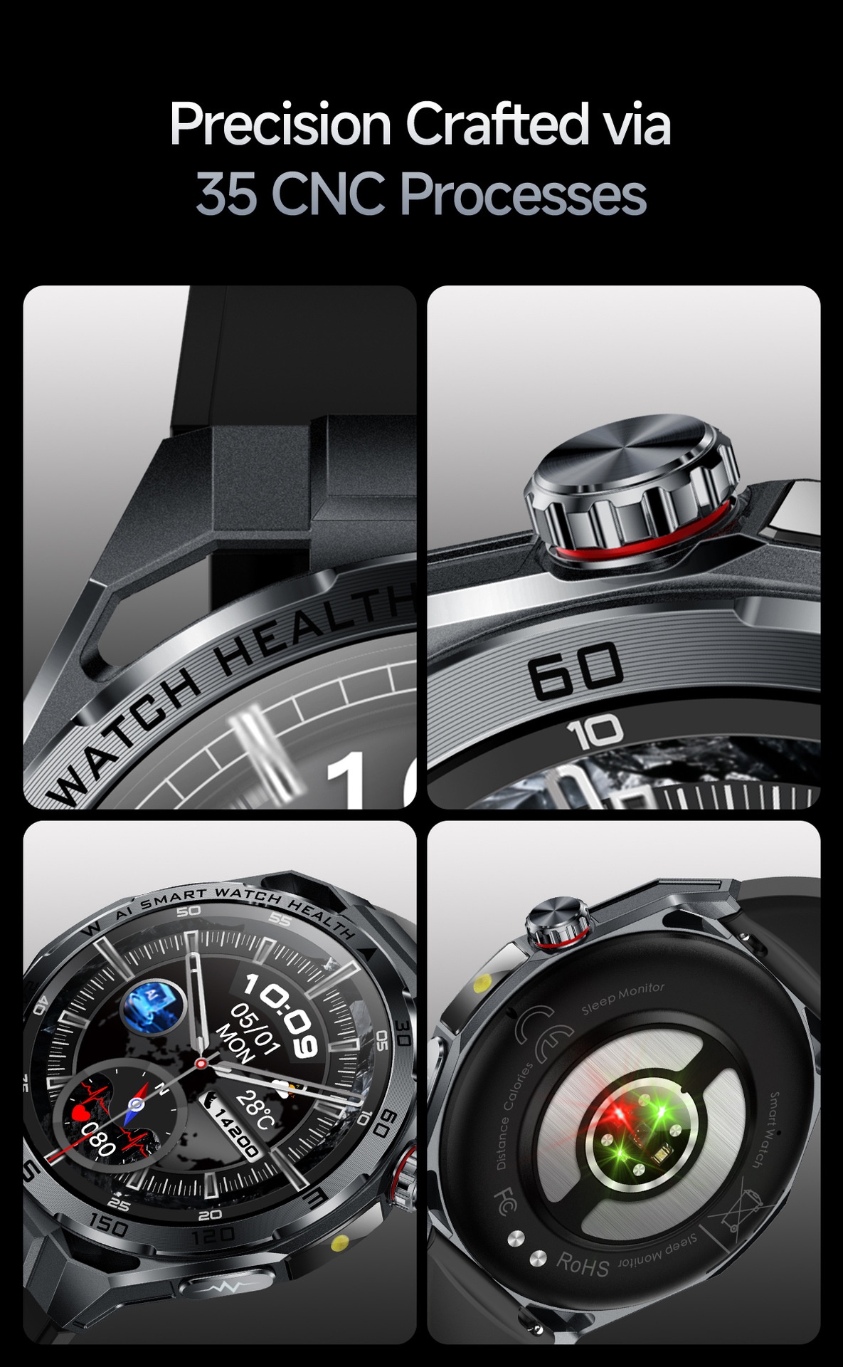 AI ECG Sports Smart Watch with Round Metal Case & Bluetooth Calling