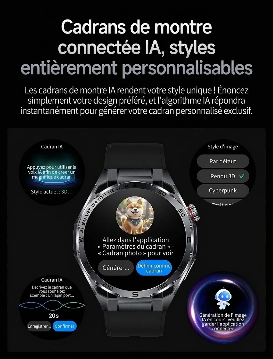 Montre connectée sportive avec ECG IA, boîtier rond en métal et appels Bluetooth