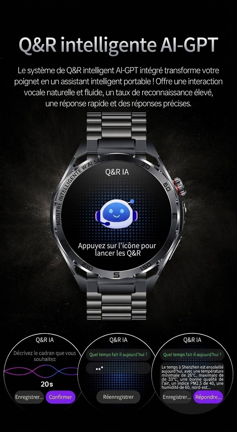 Montre connectée sportive avec ECG IA, boîtier rond en métal et appels Bluetooth