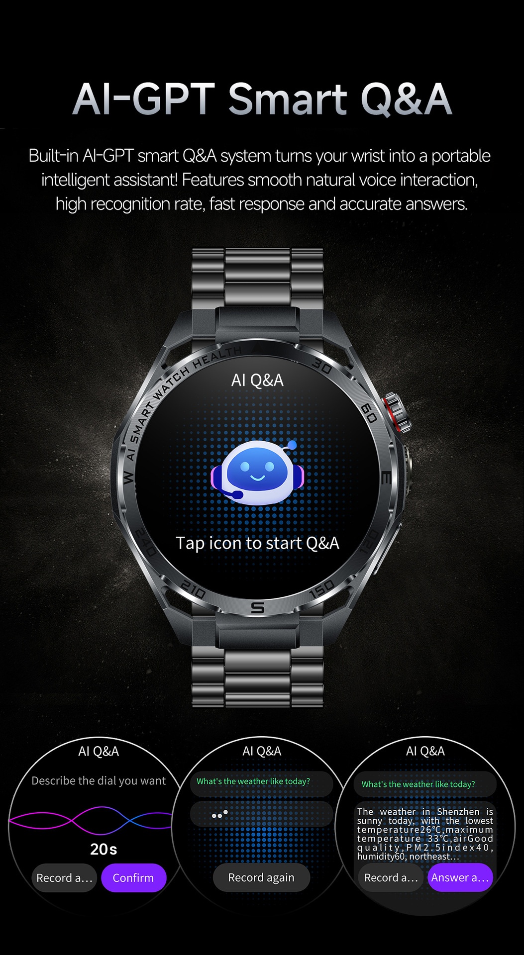 AI ECG Sports Smart Watch with Round Metal Case & Bluetooth Calling