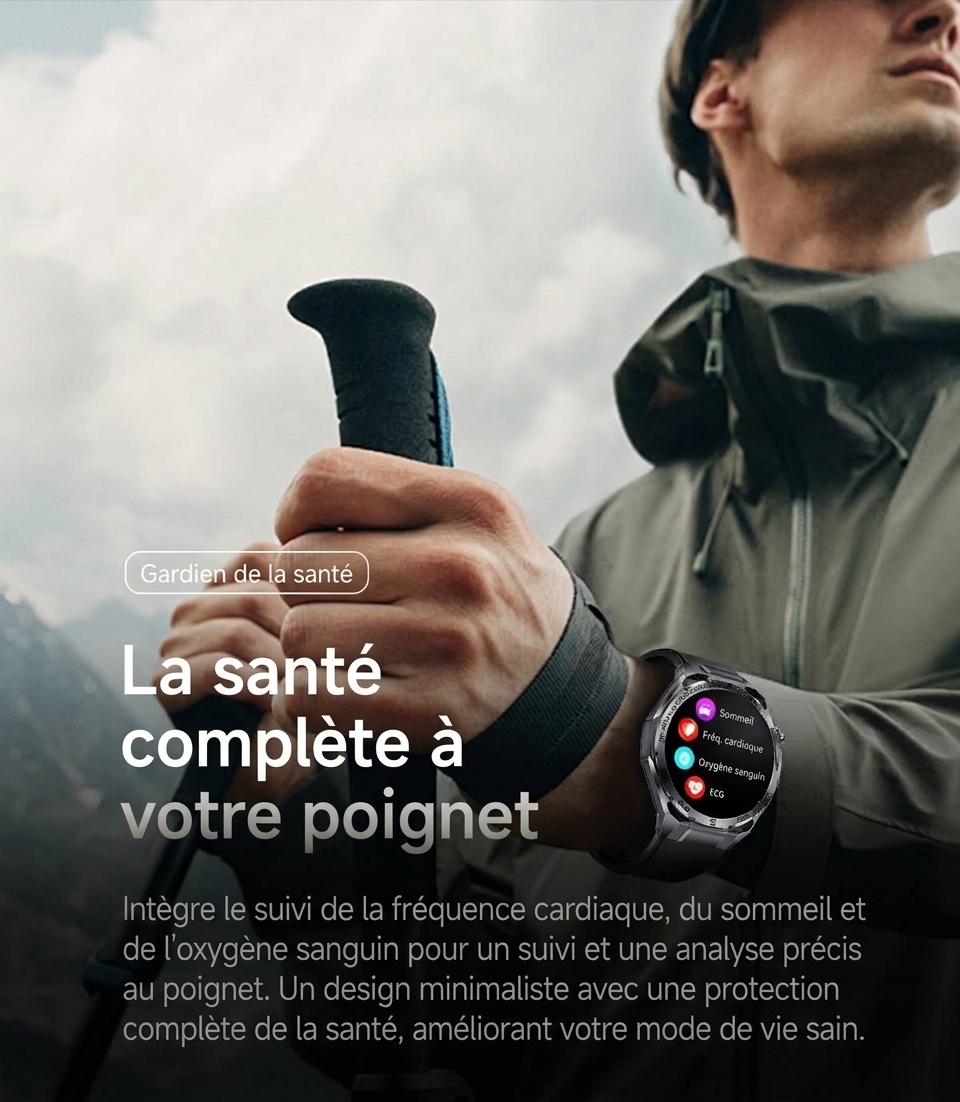 Montre connectée sportive avec ECG IA, boîtier rond en métal et appels Bluetooth