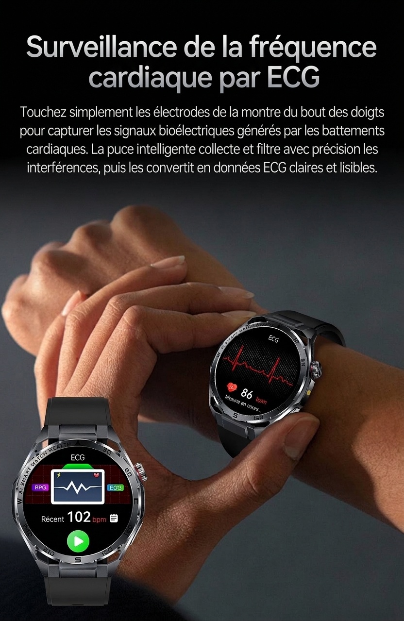 Montre connectée sportive avec ECG IA, boîtier rond en métal et appels Bluetooth