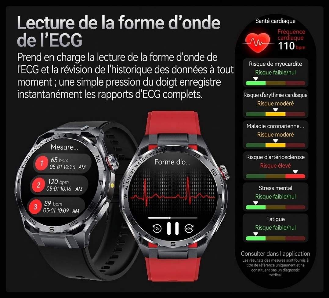 Montre connectée sportive avec ECG IA, boîtier rond en métal et appels Bluetooth