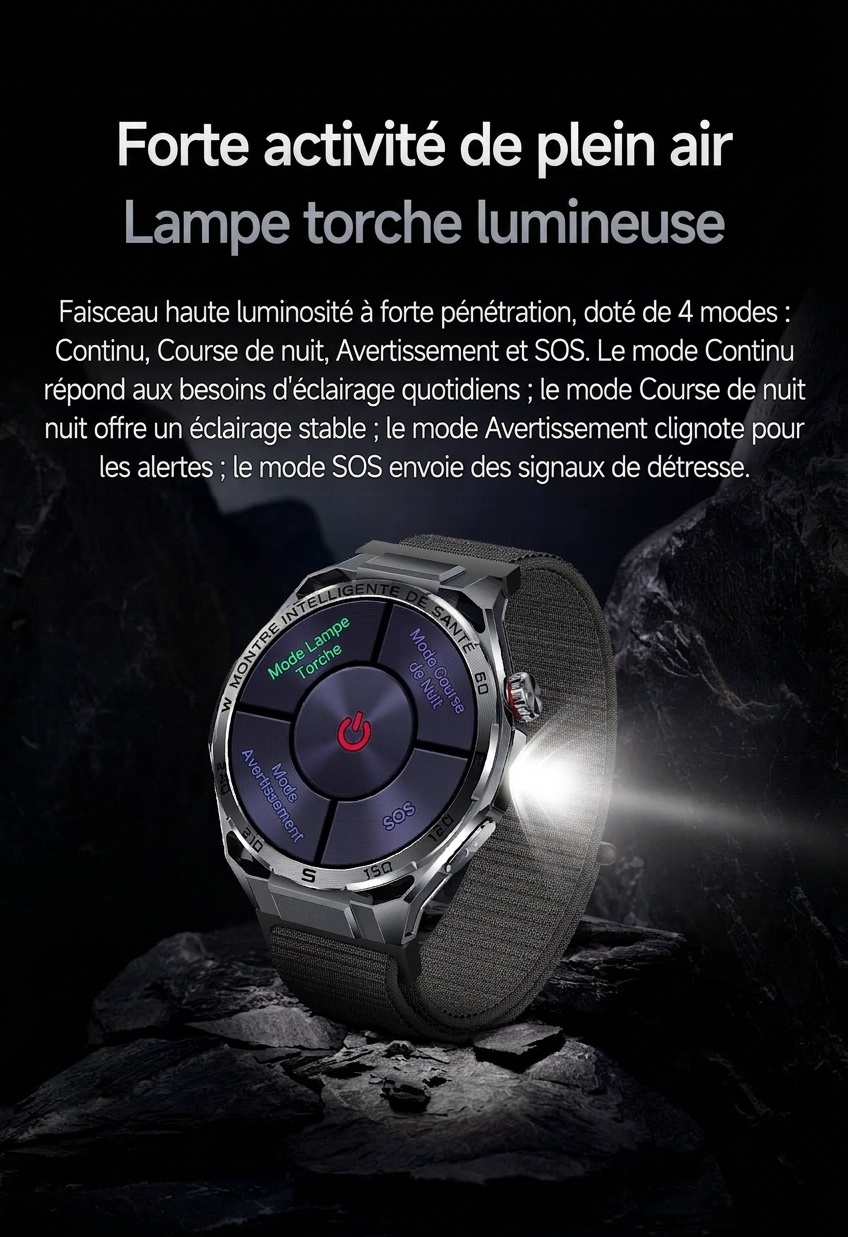 Montre connectée sportive avec ECG IA, boîtier rond en métal et appels Bluetooth