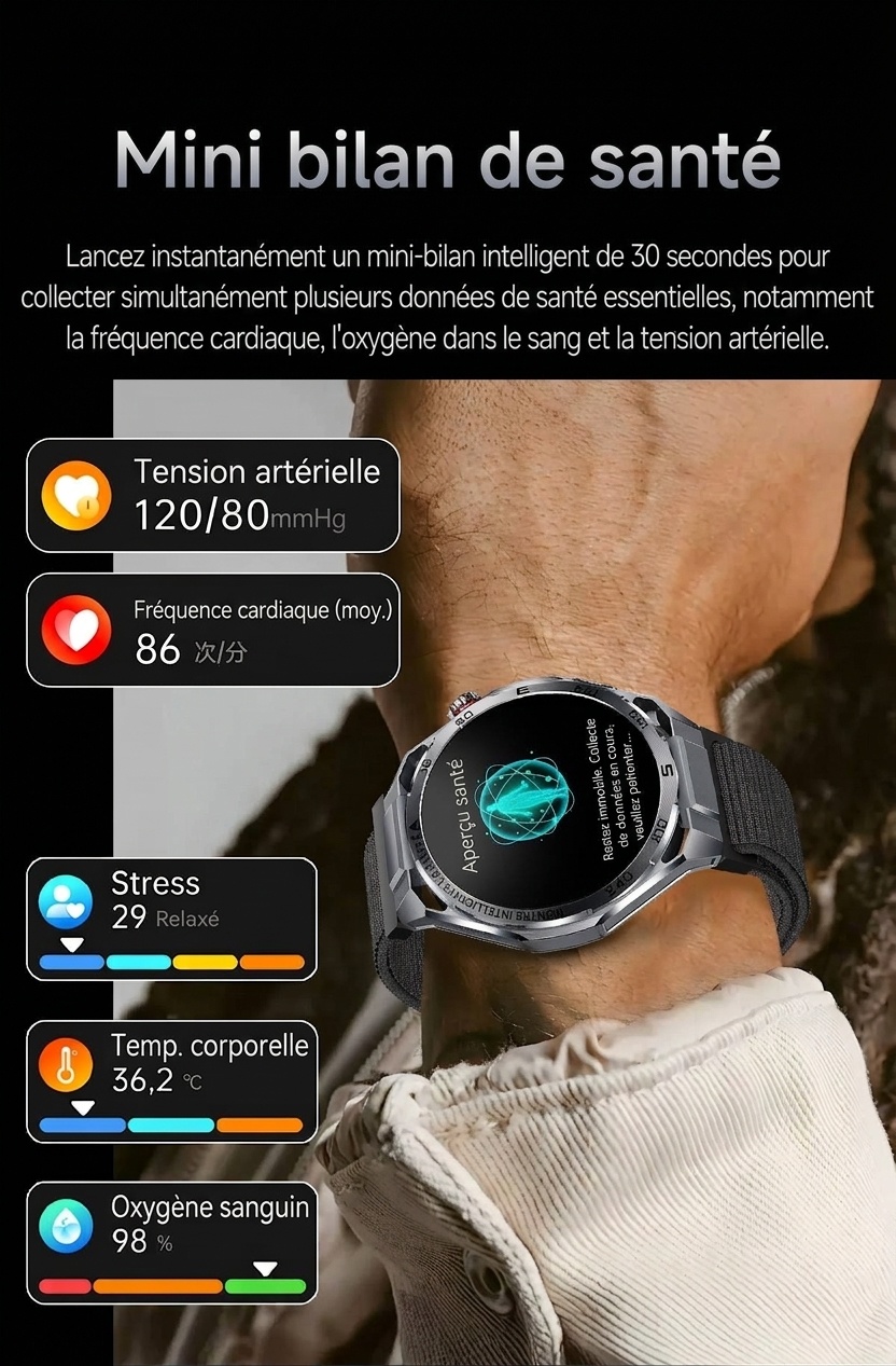 Montre connectée sportive avec ECG IA, boîtier rond en métal et appels Bluetooth