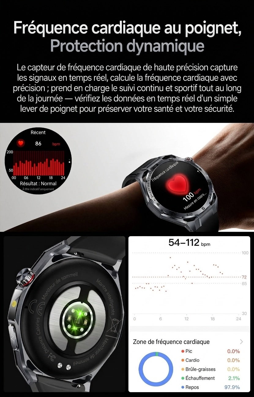 Montre connectée sportive avec ECG IA, boîtier rond en métal et appels Bluetooth