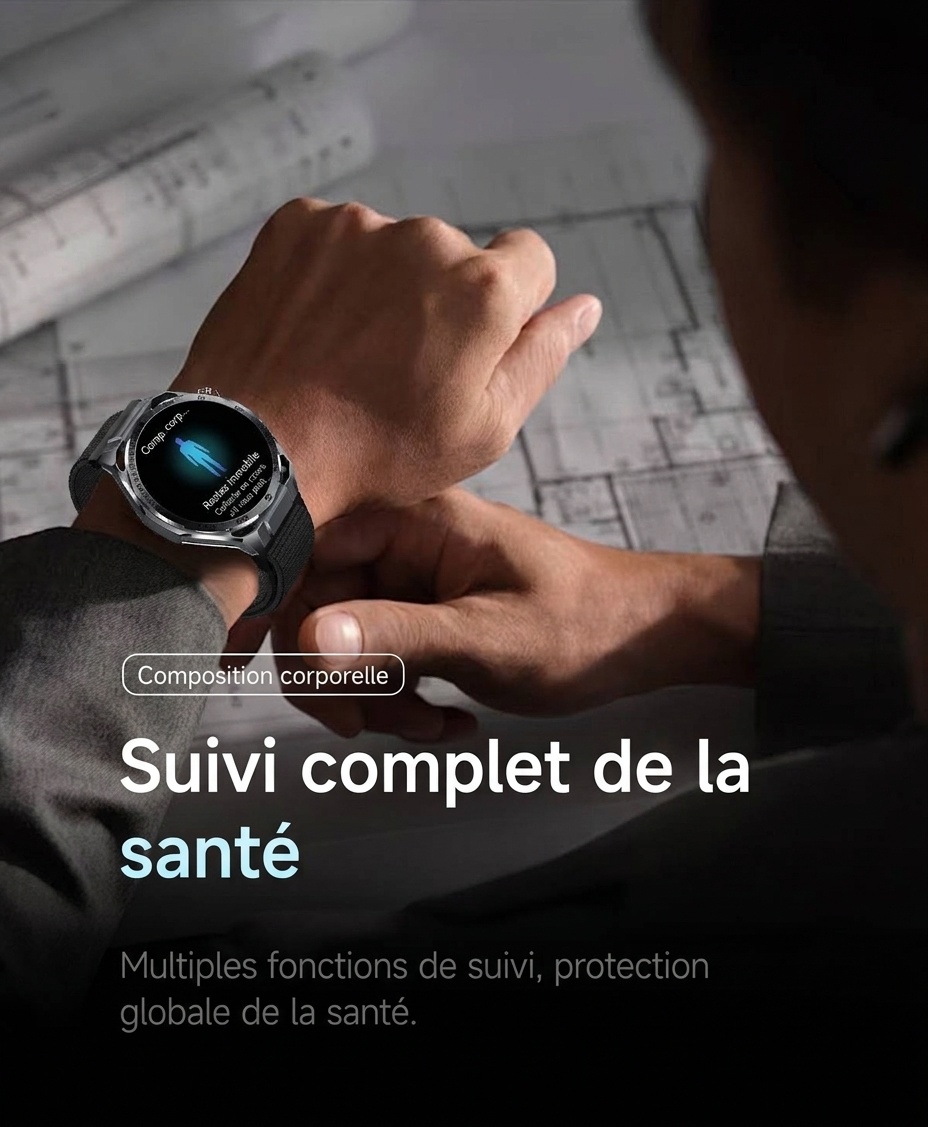 Montre connectée sportive avec ECG IA, boîtier rond en métal et appels Bluetooth