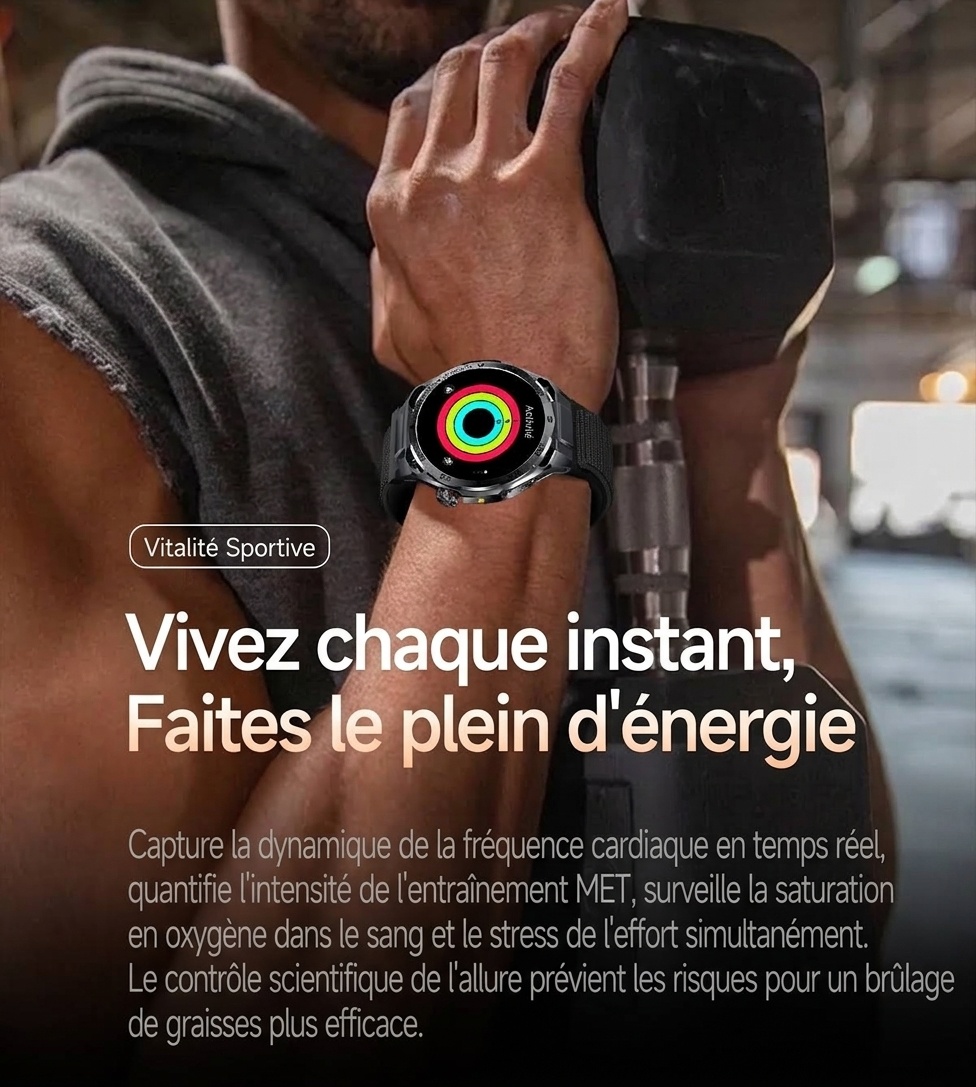 Montre connectée sportive avec ECG IA, boîtier rond en métal et appels Bluetooth