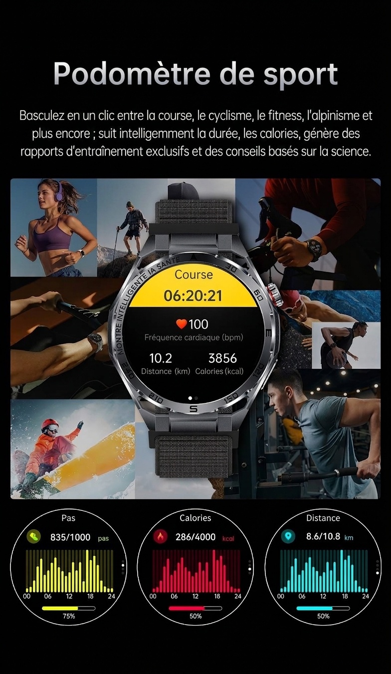 Montre connectée sportive avec ECG IA, boîtier rond en métal et appels Bluetooth