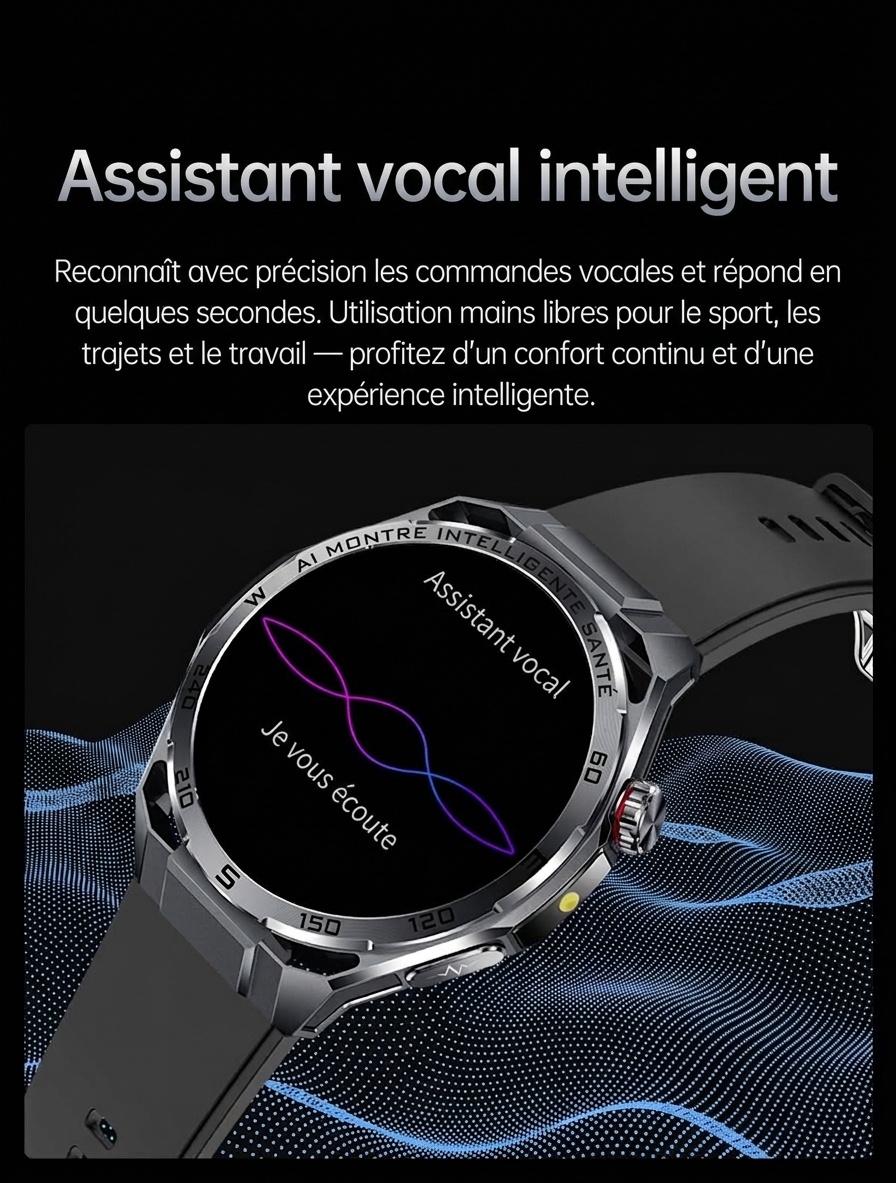 Montre connectée sportive avec ECG IA, boîtier rond en métal et appels Bluetooth