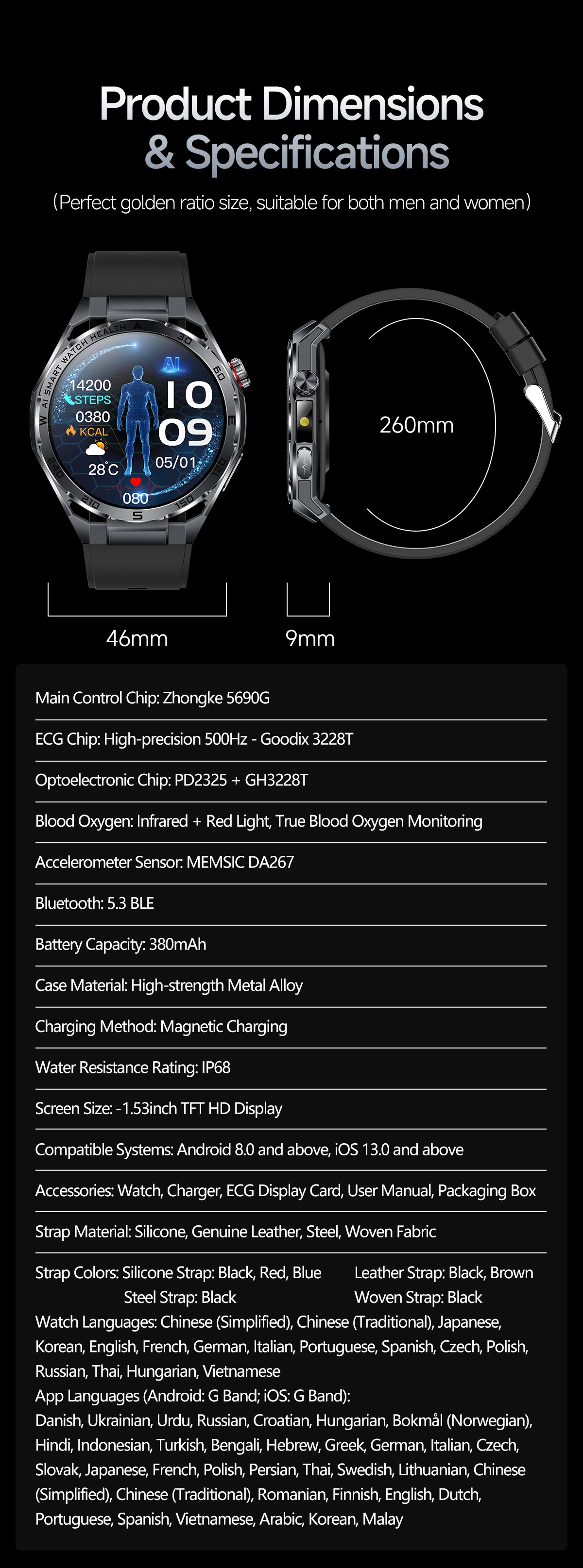 AI ECG Sports Smart Watch with Round Metal Case & Bluetooth Calling