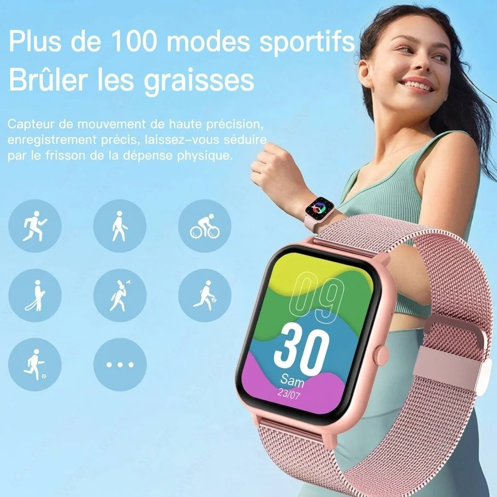 Montre connectée pour hommes et femmes avec écran carré et appels Bluetooth