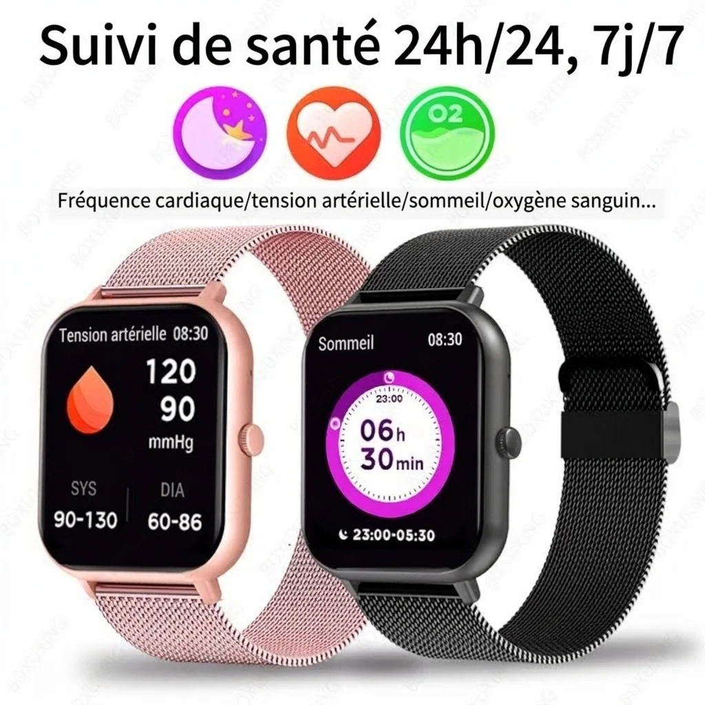 Montre connectée pour hommes et femmes avec écran carré et appels Bluetooth