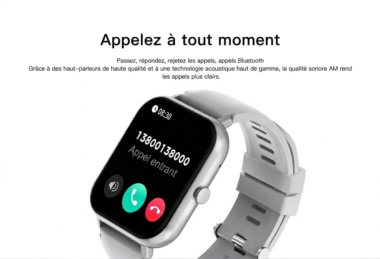 Montre connectée pour hommes et femmes avec écran carré et appels Bluetooth