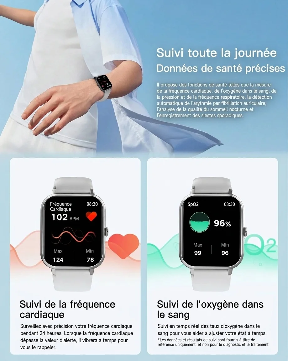 Montre connectée pour hommes et femmes avec écran carré et appels Bluetooth