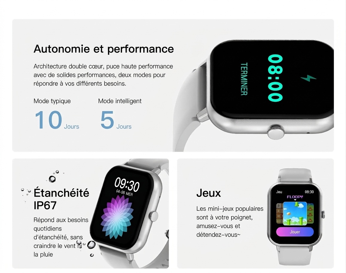 Montre connectée pour hommes et femmes avec écran carré et appels Bluetooth