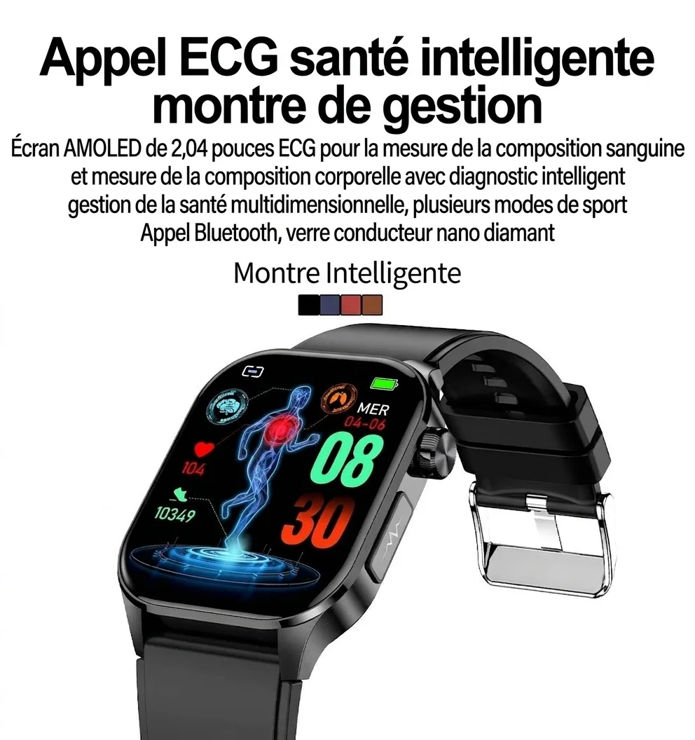 Montre connectée ECG avancée avec écran AMOLED carré et appels Bluetooth