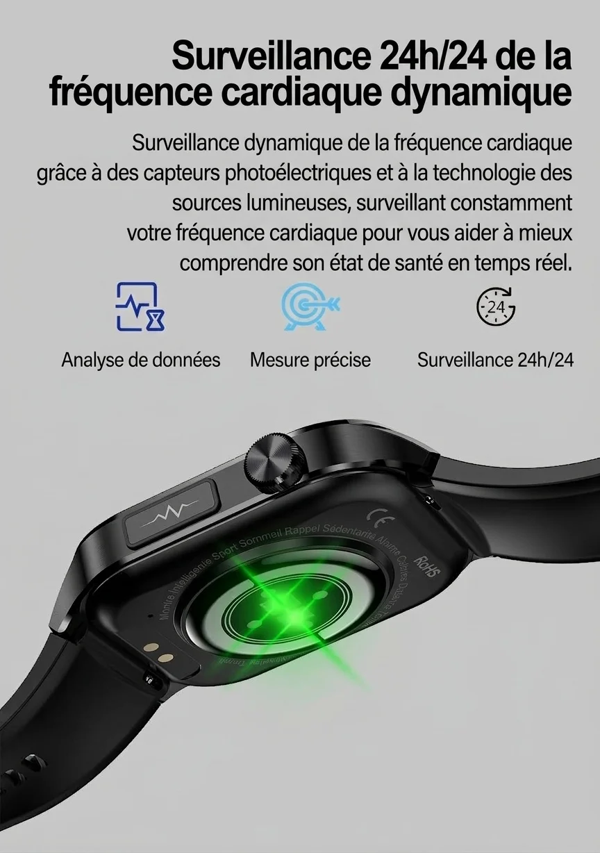 Montre connectée ECG avancée avec écran AMOLED carré et appels Bluetooth