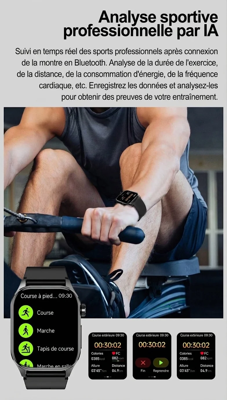Montre connectée ECG avancée avec écran AMOLED carré et appels Bluetooth