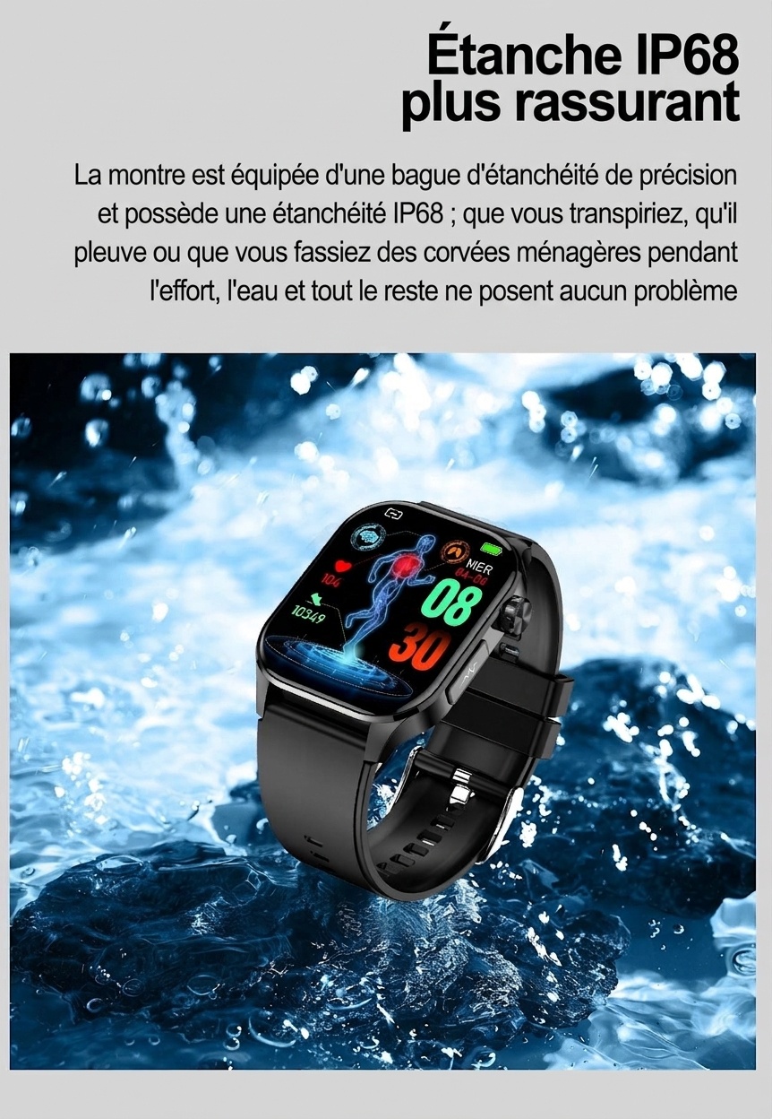 Montre connectée ECG avancée avec écran AMOLED carré et appels Bluetooth