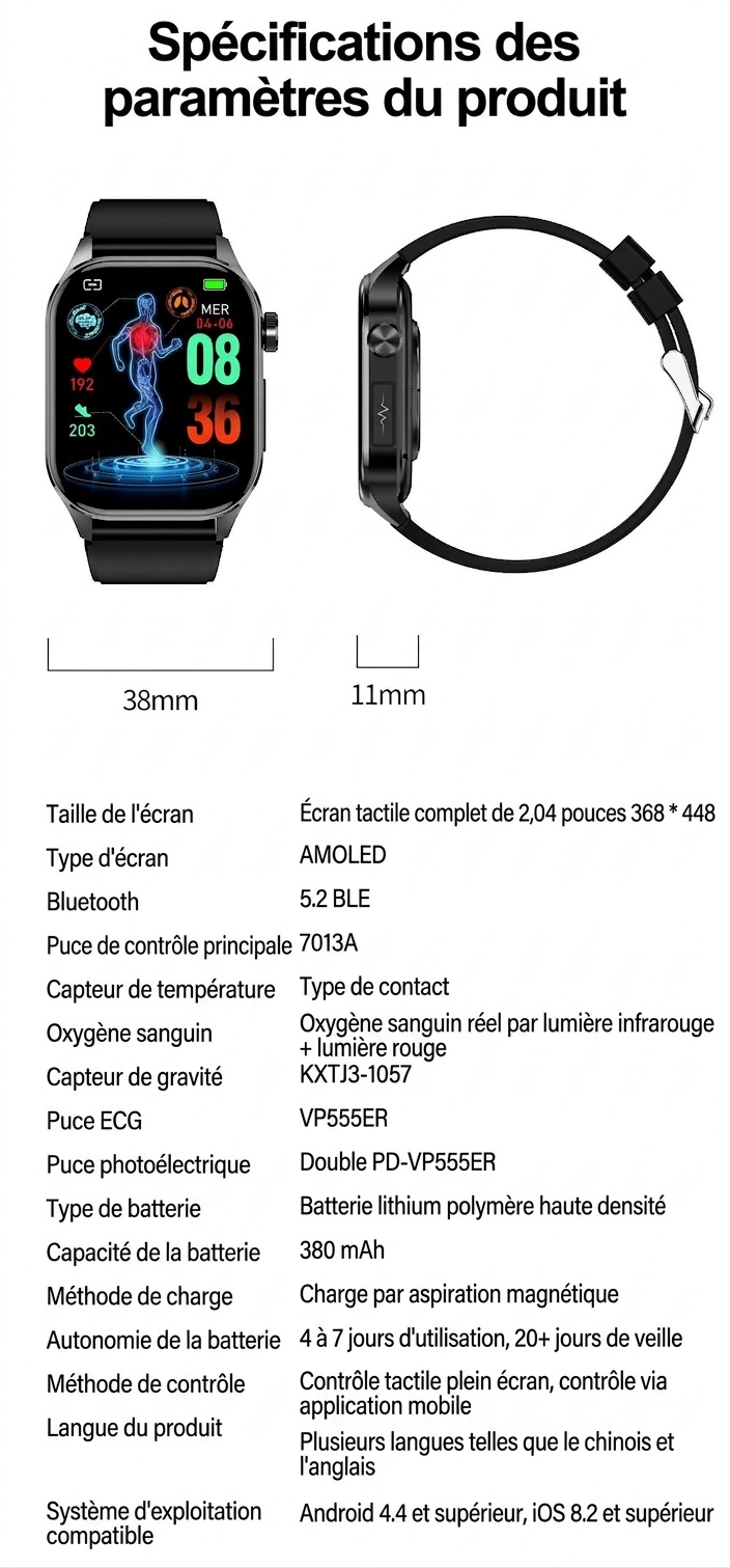 Montre connectée ECG avancée avec écran AMOLED carré et appels Bluetooth