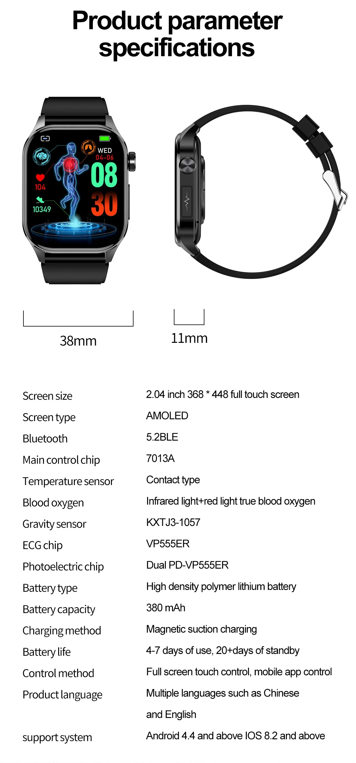 Advanced ECG Smart Watch with Square AMOLED Display & Bluetooth Calling