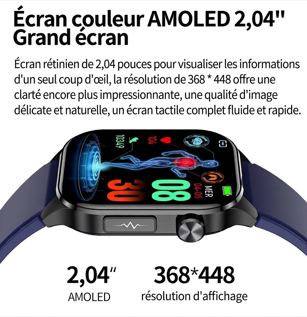 Montre connectée ECG avancée avec écran AMOLED carré et appels Bluetooth