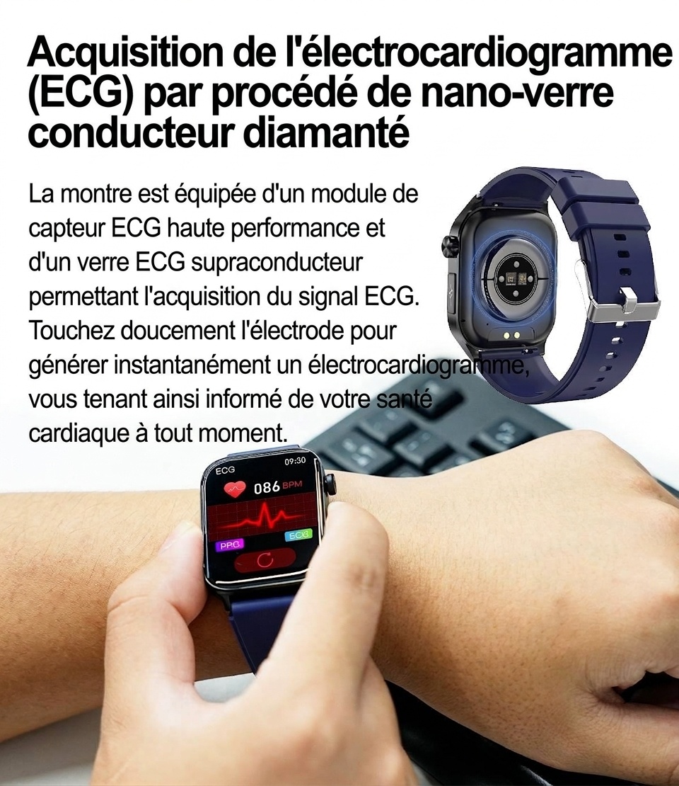 Montre connectée ECG avancée avec écran AMOLED carré et appels Bluetooth