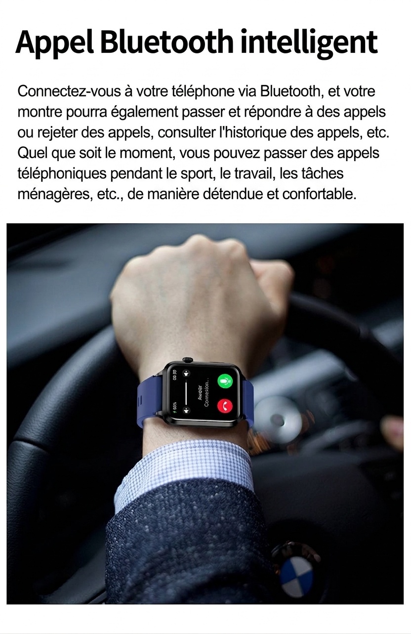 Montre connectée ECG avancée avec écran AMOLED carré et appels Bluetooth