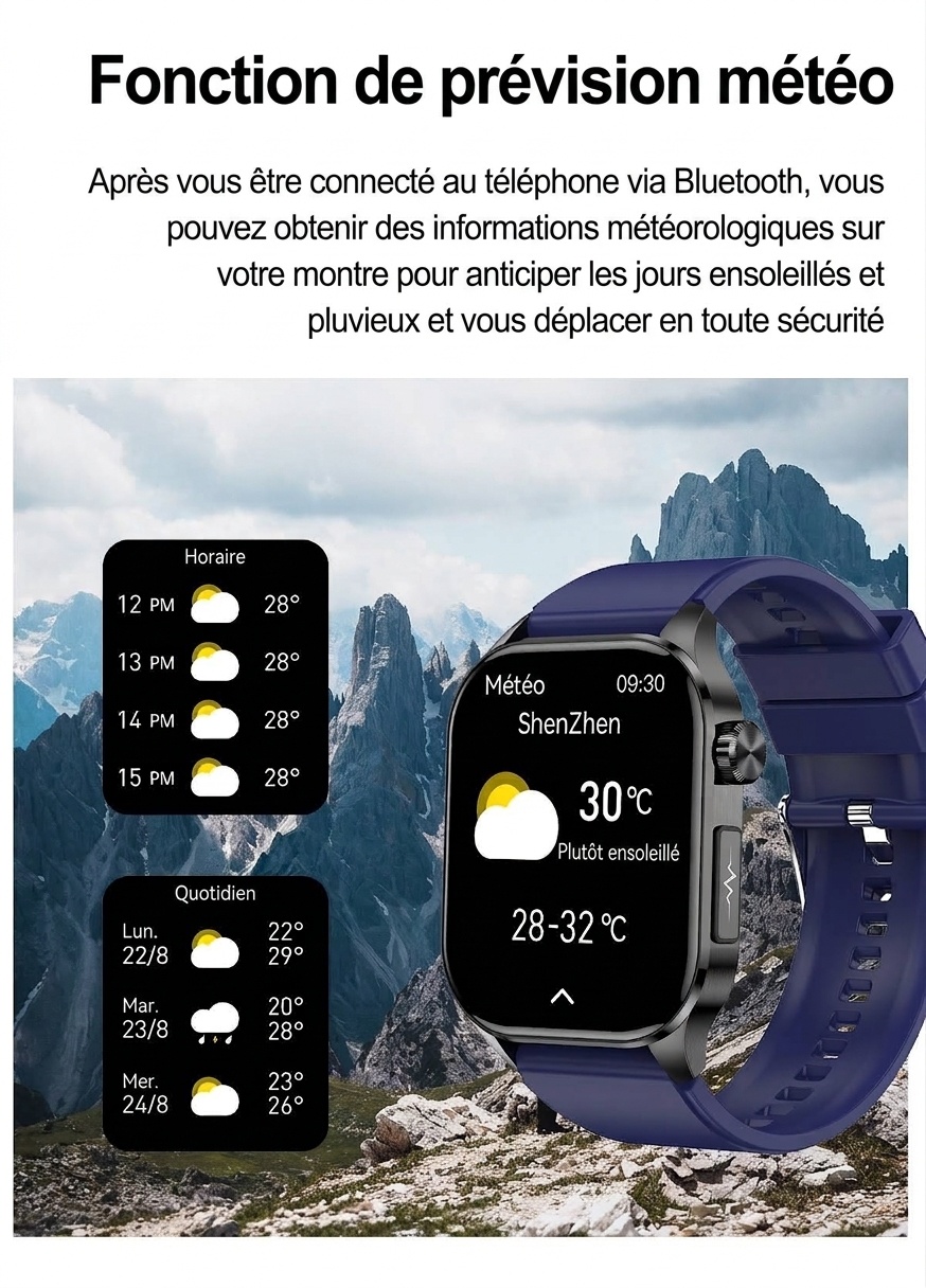 Montre connectée ECG avancée avec écran AMOLED carré et appels Bluetooth