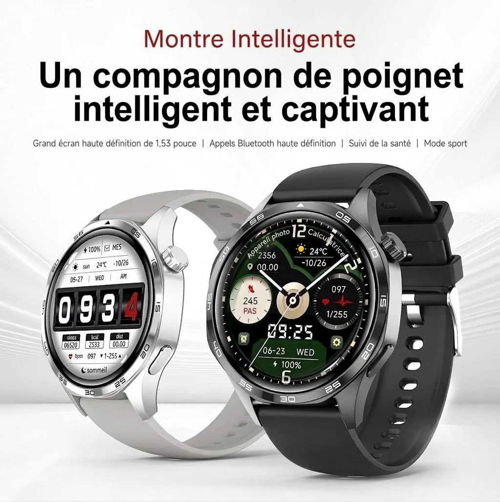 Montre connectée GT5 PRO avec écran rond, appels Bluetooth et suivi d'activité physique