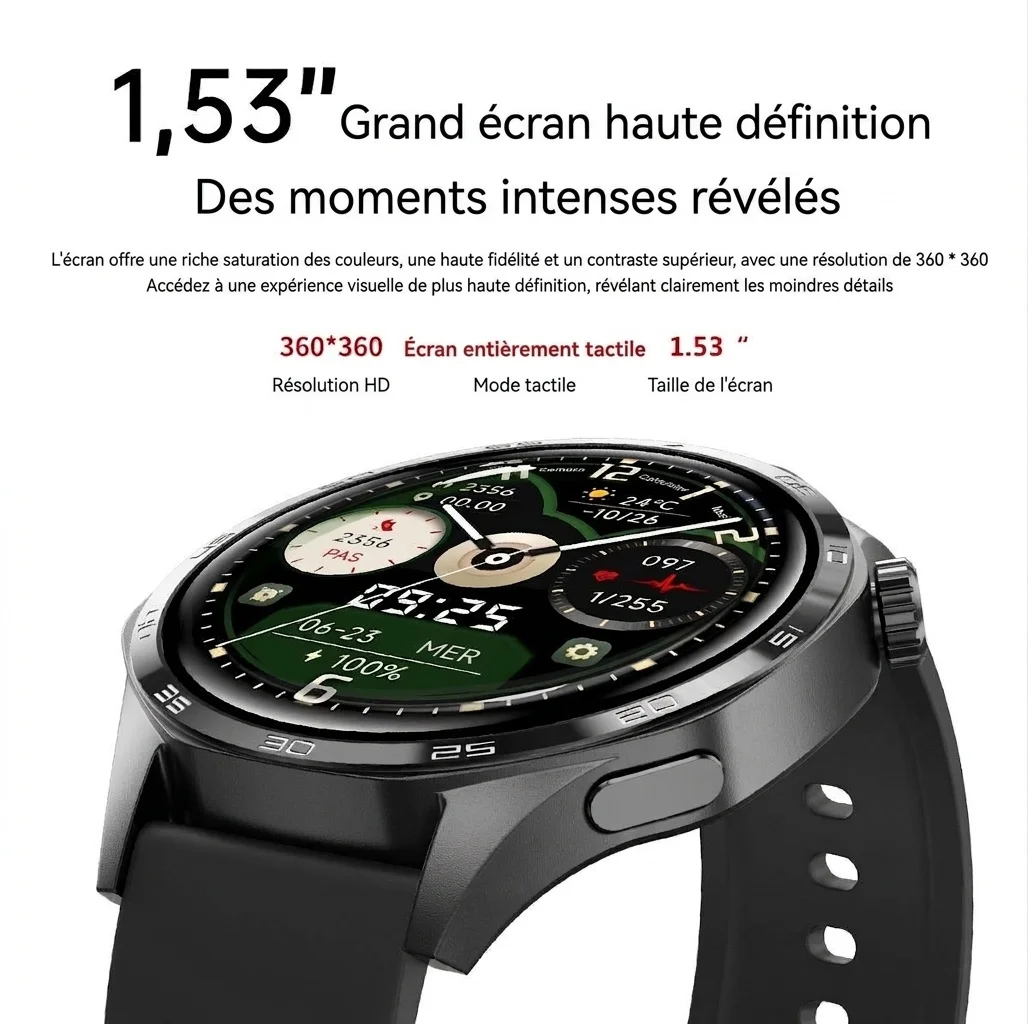 Montre connectée GT5 PRO avec écran rond, appels Bluetooth et suivi d'activité physique