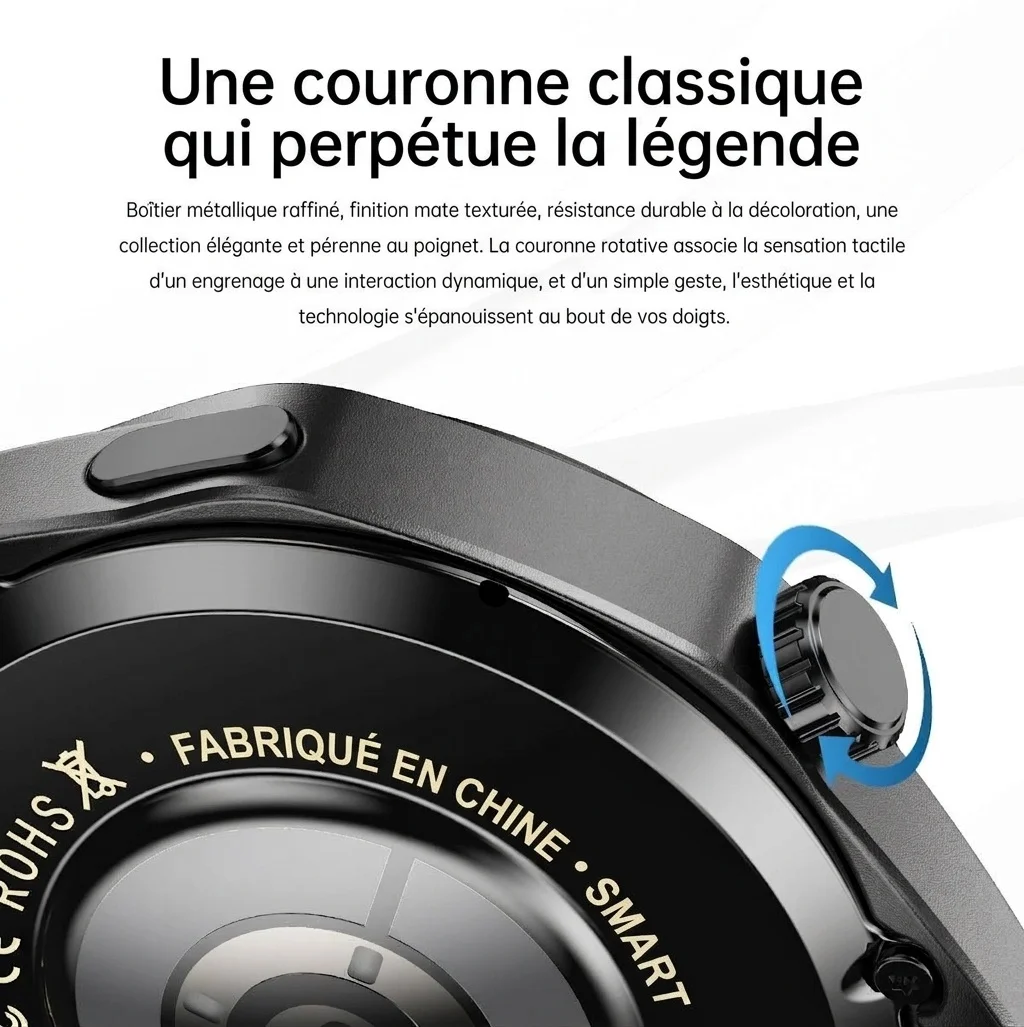 Montre connectée GT5 PRO avec écran rond, appels Bluetooth et suivi d'activité physique