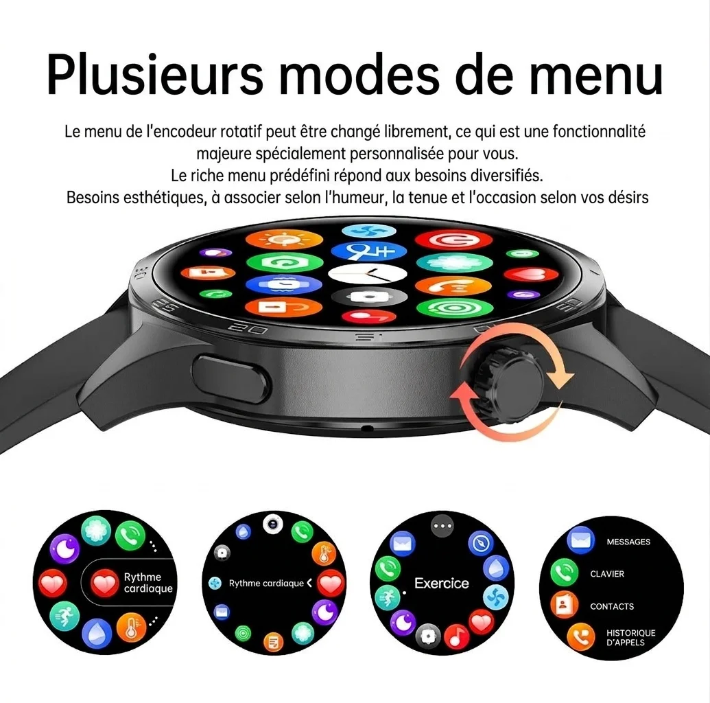 Montre connectée GT5 PRO avec écran rond, appels Bluetooth et suivi d'activité physique