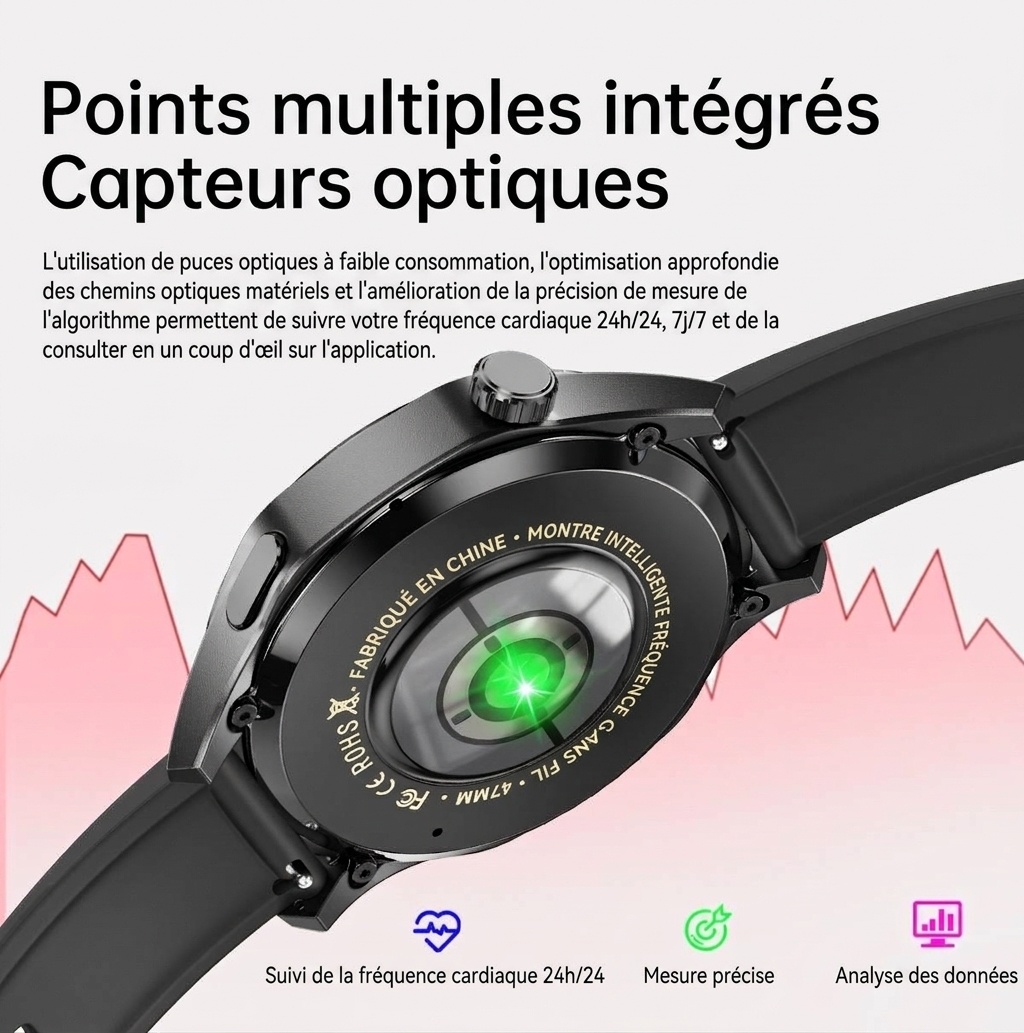 Montre connectée GT5 PRO avec écran rond, appels Bluetooth et suivi d'activité physique