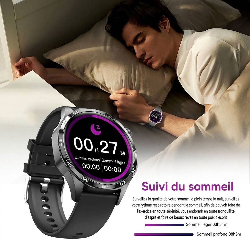 Montre connectée GT5 PRO avec écran rond, appels Bluetooth et suivi d'activité physique