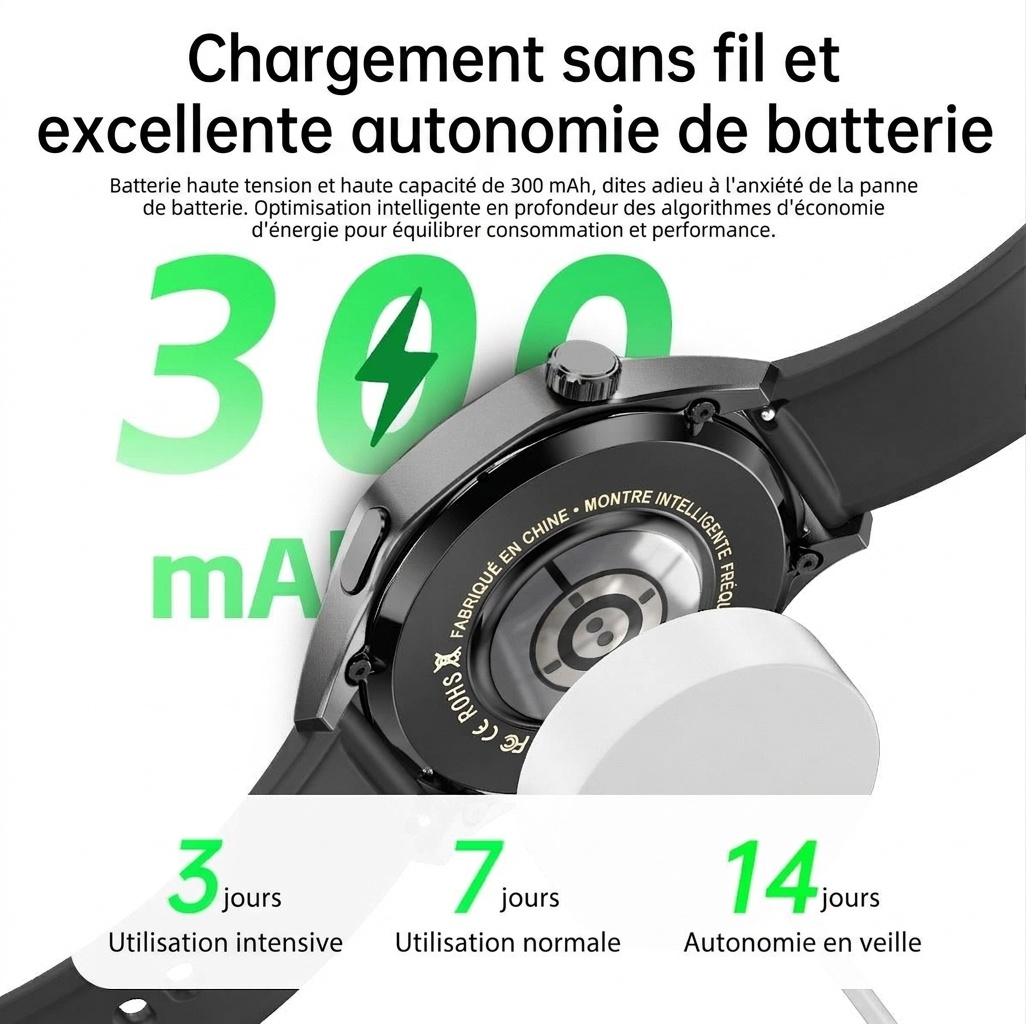 Montre connectée GT5 PRO avec écran rond, appels Bluetooth et suivi d'activité physique