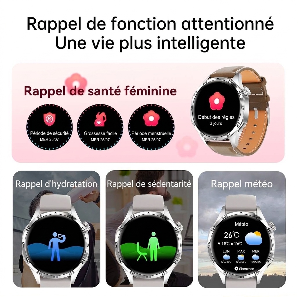 Montre connectée GT5 PRO avec écran rond, appels Bluetooth et suivi d'activité physique