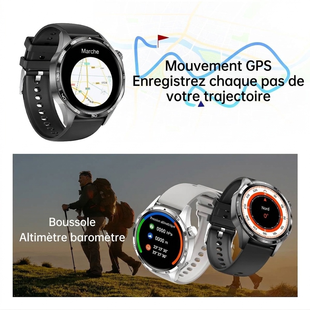Montre connectée GT5 PRO avec écran rond, appels Bluetooth et suivi d'activité physique