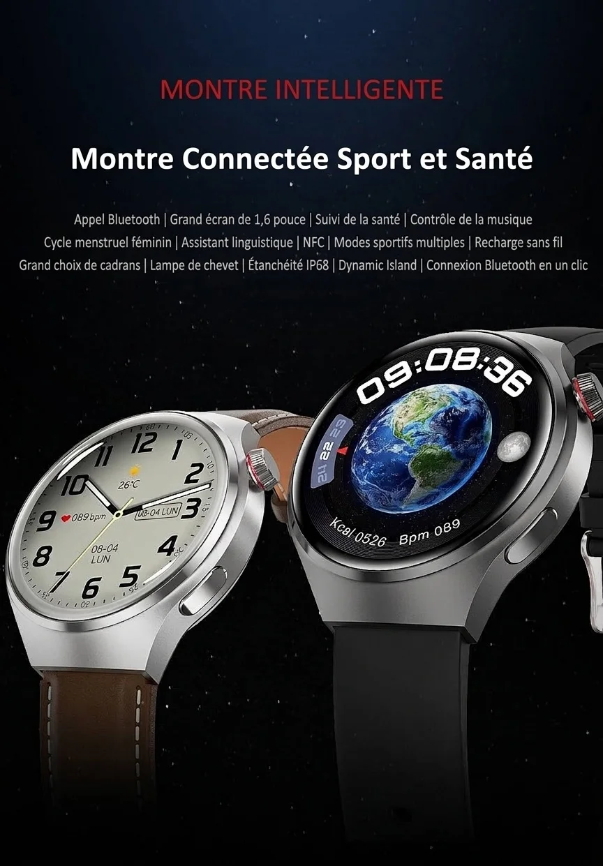 Montre connectée GT4 PRO avec écran HD 1,6", NFC, GPS et appels Bluetooth