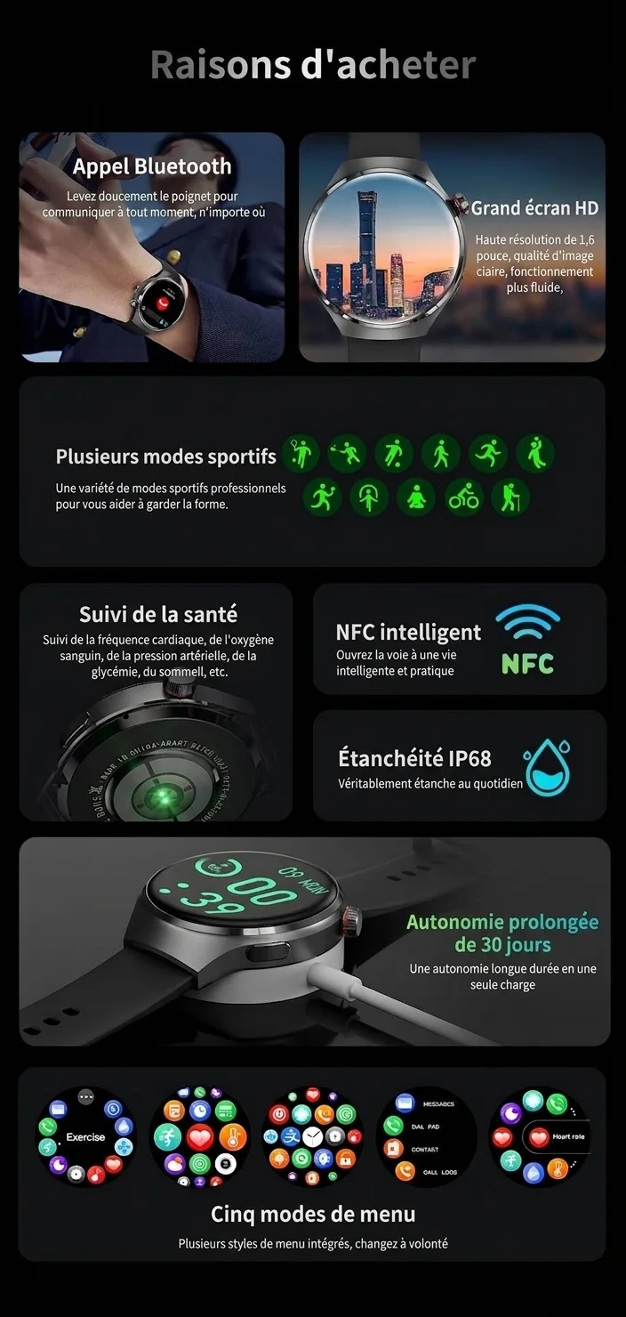 Montre connectée GT4 PRO avec écran HD 1,6", NFC, GPS et appels Bluetooth