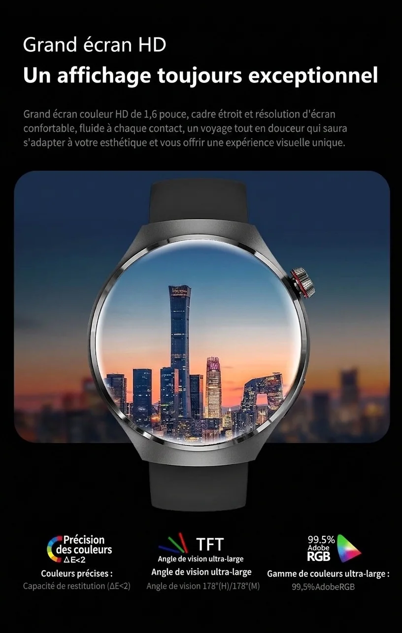 Montre connectée GT4 PRO avec écran HD 1,6", NFC, GPS et appels Bluetooth