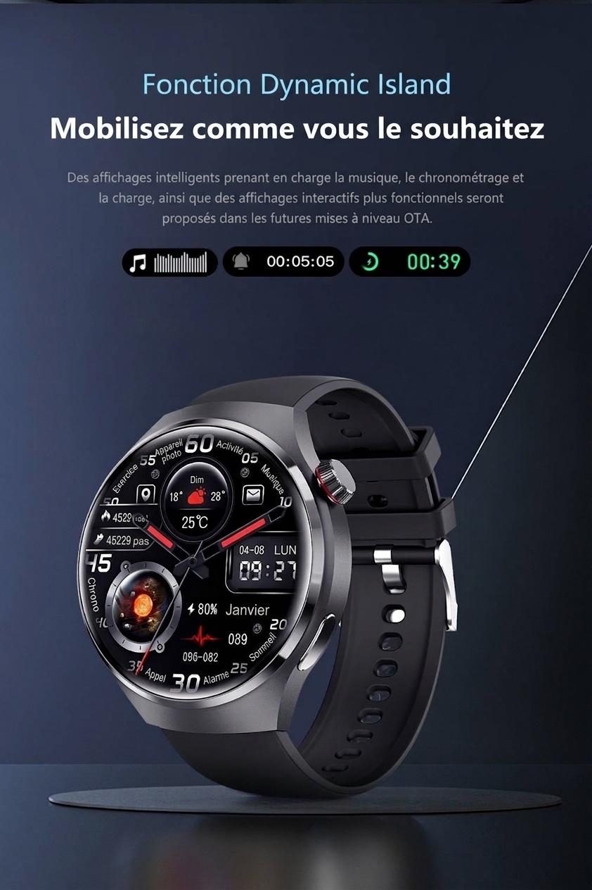 Montre connectée GT4 PRO avec écran HD 1,6", NFC, GPS et appels Bluetooth
