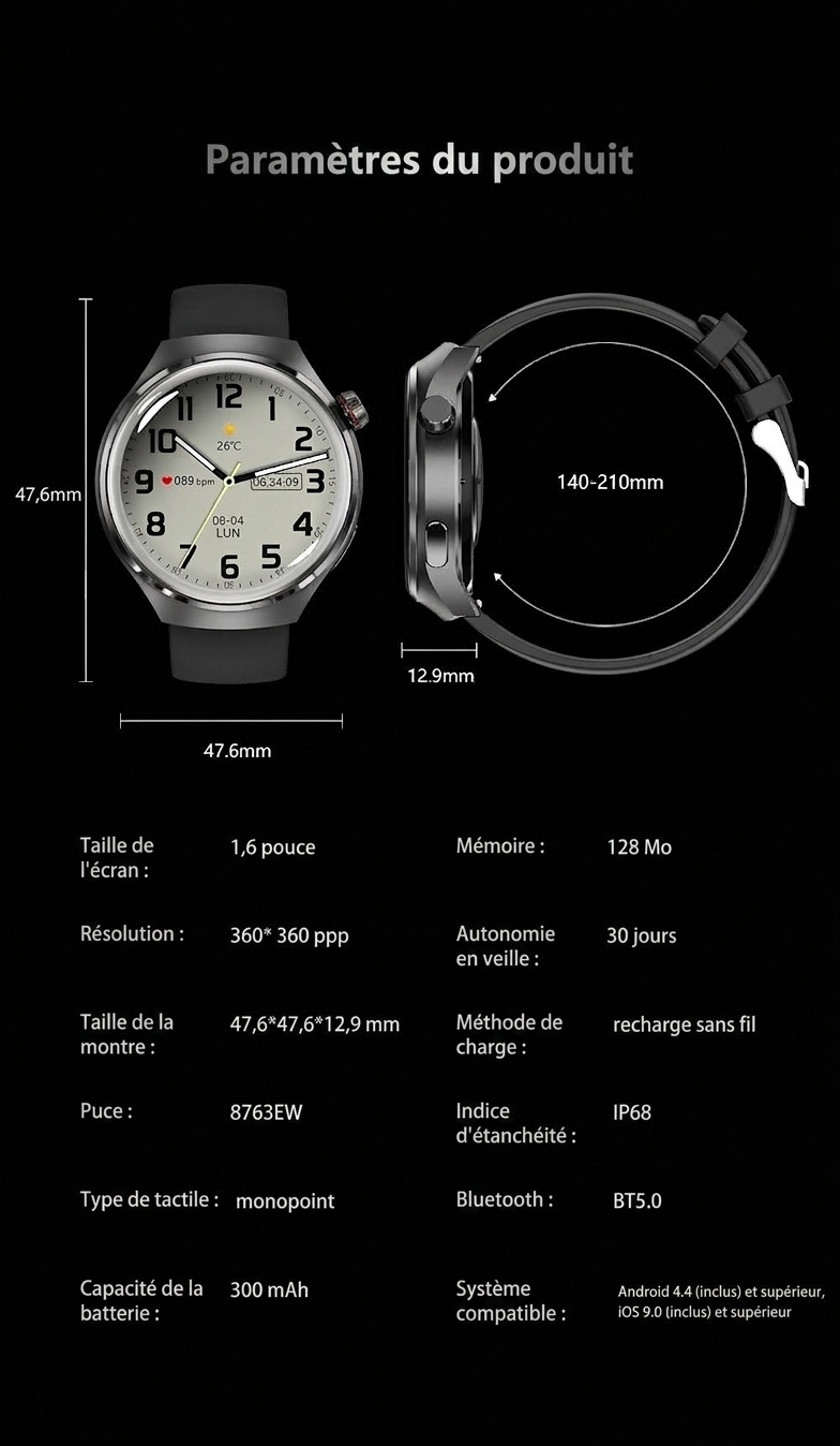 Montre connectée GT4 PRO avec écran HD 1,6", NFC, GPS et appels Bluetooth