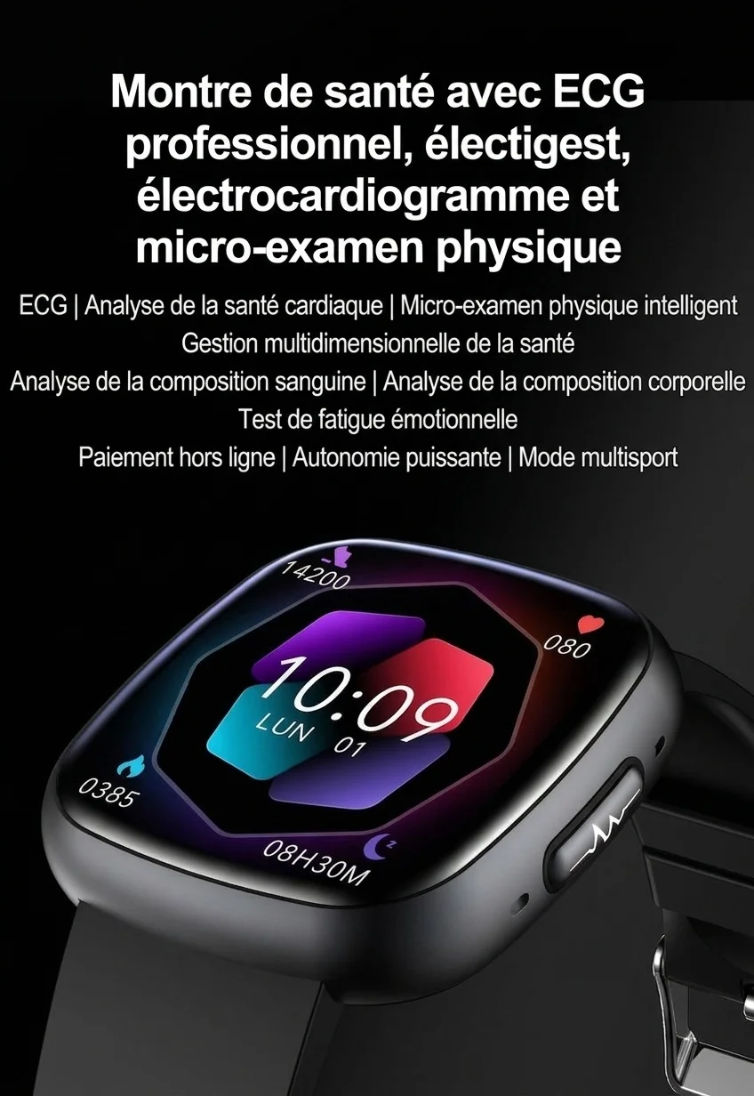 Montre connectée incurvée AMOLED avec ECG, tension artérielle et suivi d'activité physique