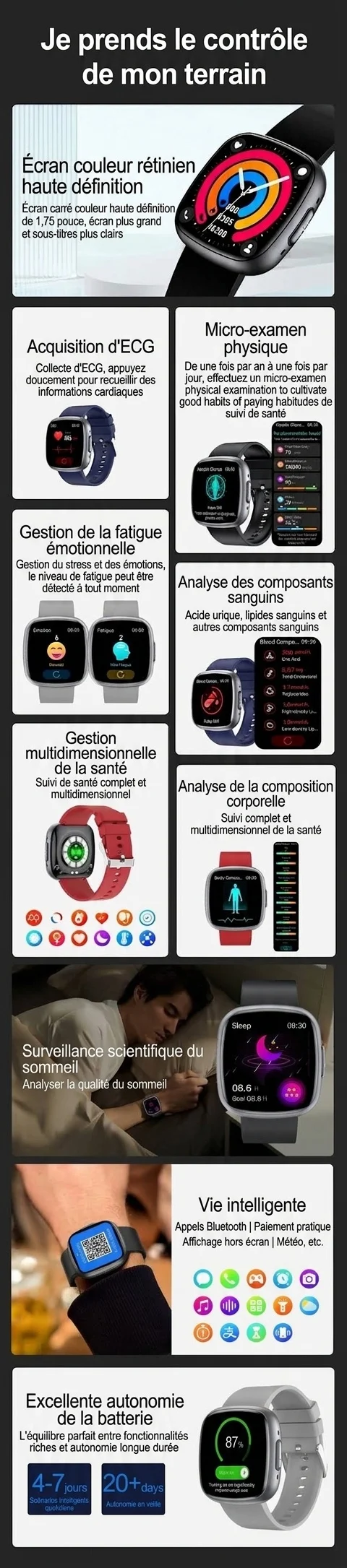 Montre connectée incurvée AMOLED avec ECG, tension artérielle et suivi d'activité physique